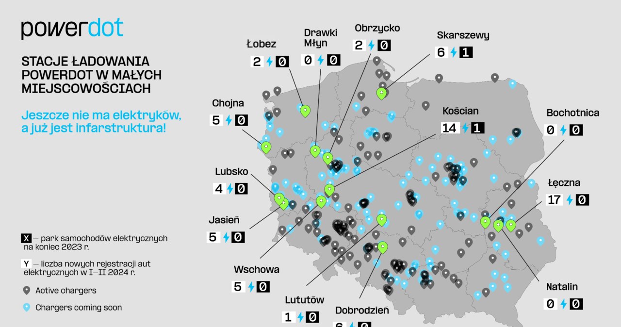 Mapa stacji ładowania Powerdot w małych miejscowościach. /Powerdot /materiały prasowe