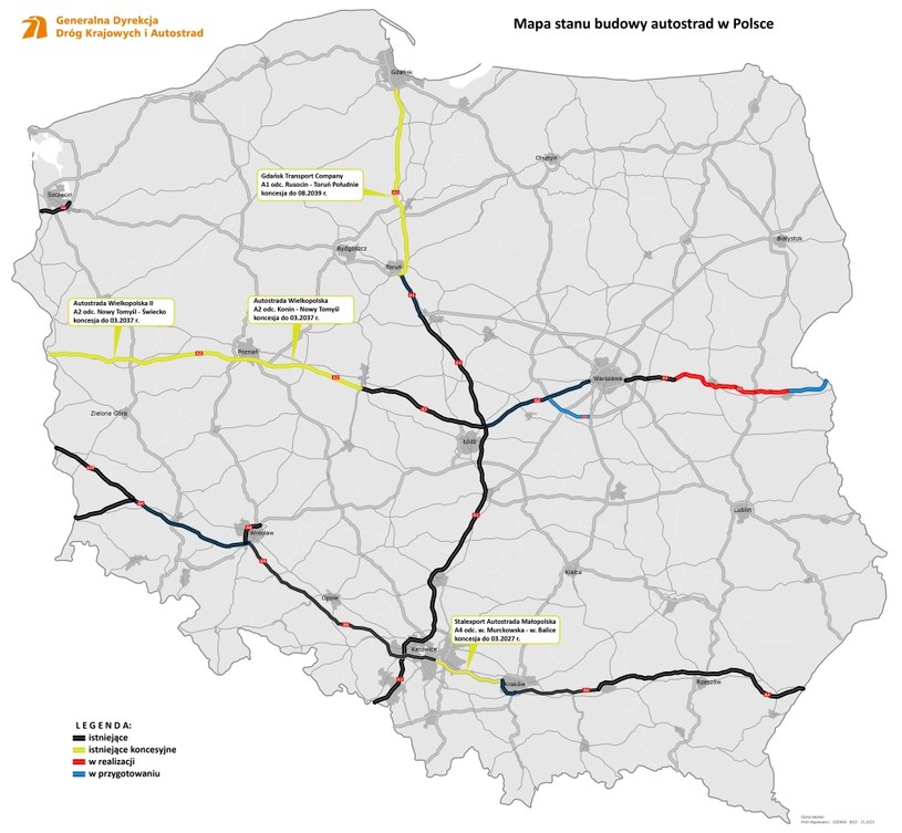 Mapa stanu budowy autostrad w Polsce pod koniec 2023 roku /Generalna Dyrekcja Dróg Krajowych i Autostrad [GDDKiA] /GDDKiA