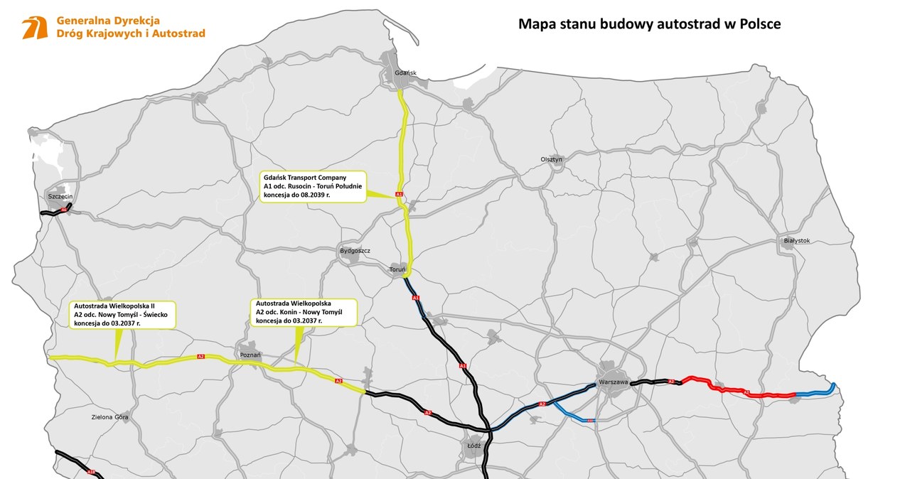 Mapa stanu budowy autostrad w Polsce pod koniec 2023 roku /Generalna Dyrekcja Dróg Krajowych i Autostrad [GDDKiA] /GDDKiA