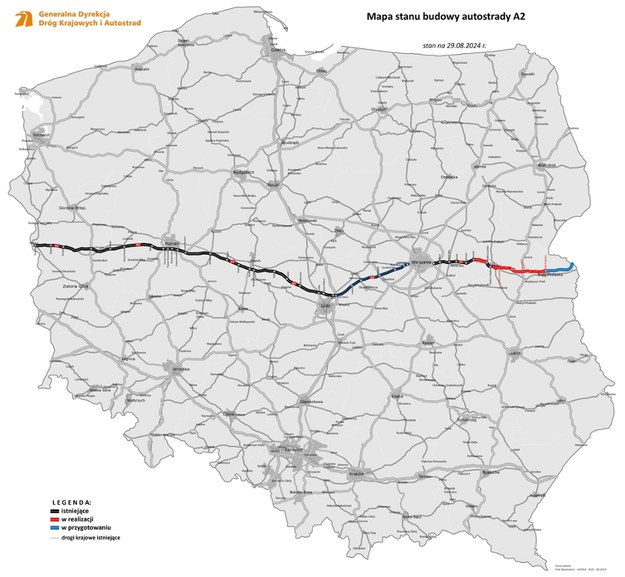 Mapa stanu budowy autostrady A2 /GDDKiA /