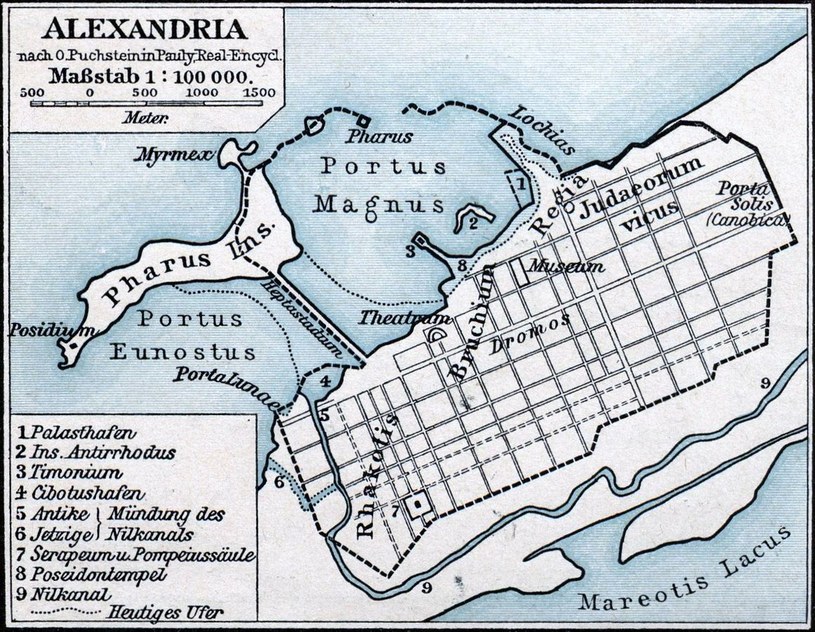 Mapa starożytnej Aleksandrii. Mouseion (Biblioteka Aleksandryjska) znajdował się w królewskiej dzielnicy Broucheion / Friedrich Wilhelm Putzger, nach O. Puchstein in Pauly, Real-Encycl./domena publiczna /Wikipedia