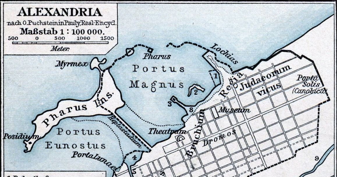 Mapa starożytnej Aleksandrii. Mouseion (Biblioteka Aleksandryjska) znajdował się w królewskiej dzielnicy Broucheion / Friedrich Wilhelm Putzger, nach O. Puchstein in Pauly, Real-Encycl./domena publiczna /Wikipedia