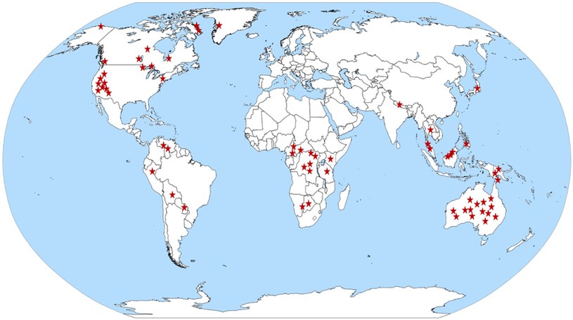Mapa świata z lokalizacjami 63 różnych analizowanych społeczności /Anderson, A i in./CC BY 4.0/ /materiał zewnętrzny