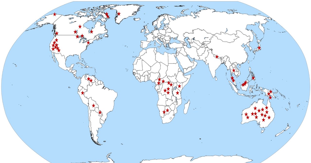 Mapa świata z lokalizacjami 63 różnych analizowanych społeczności /Anderson, A i in./CC BY 4.0/ /materiał zewnętrzny