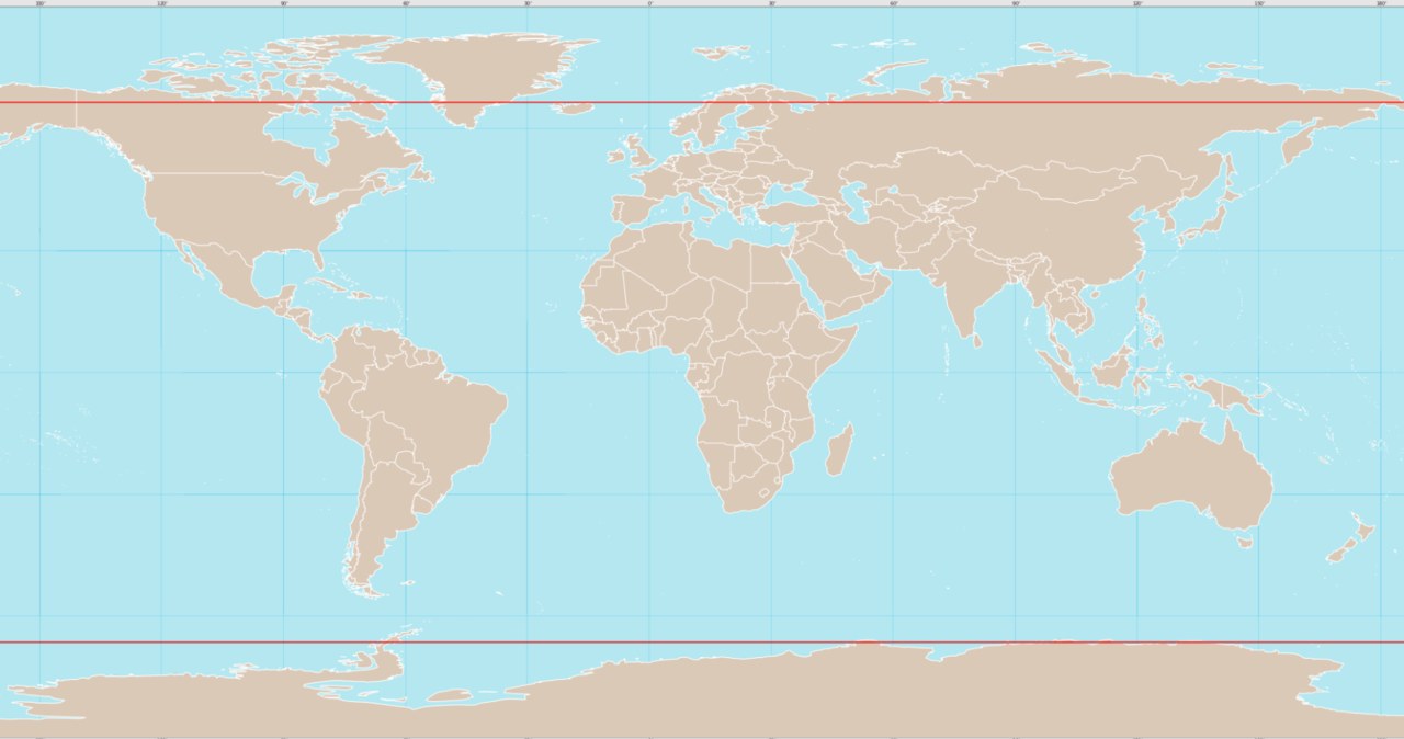 Mapa świata z zaznaczonymi czerwonymi liniami granicami kół podbiegunowych – obszary za szerokością geograficzną 66°33' N lub S. /Thesevenseas
