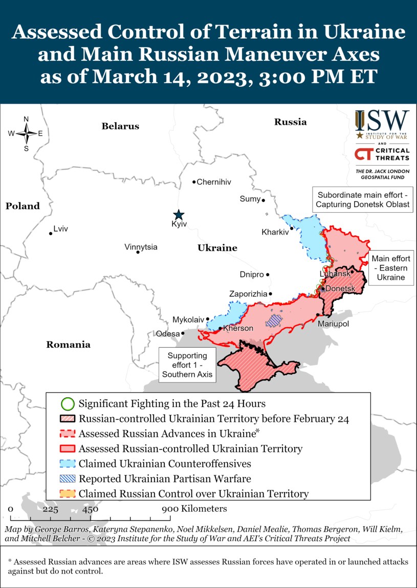 Mapa terytoriów Ukrainy kontrolowanych przez Rosję na 14.03.2023 r. (kolor czerwony z czarną obwódką - terytorium Ukrainy kontrolowane przez Rosję przed wybuchem wojny) /The Institute for the Study of War /materiały prasowe