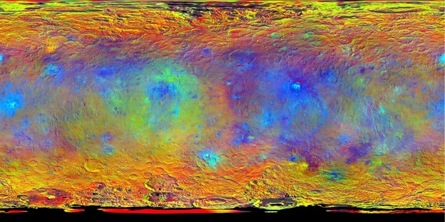 Mapa topograficzna Ceres przygotowana w oparciu o zdjęcia wykonane przes sondę dawn w sierpniu i wrześniu 2015 roku /NASA/JPL-Caltech/UCLA/MPS/DLR/IDA /materiały prasowe