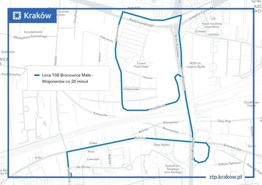 Mapa trasy linii 108 /Zarząd Transportu Publicznego w Krakowie /Materiały prasowe