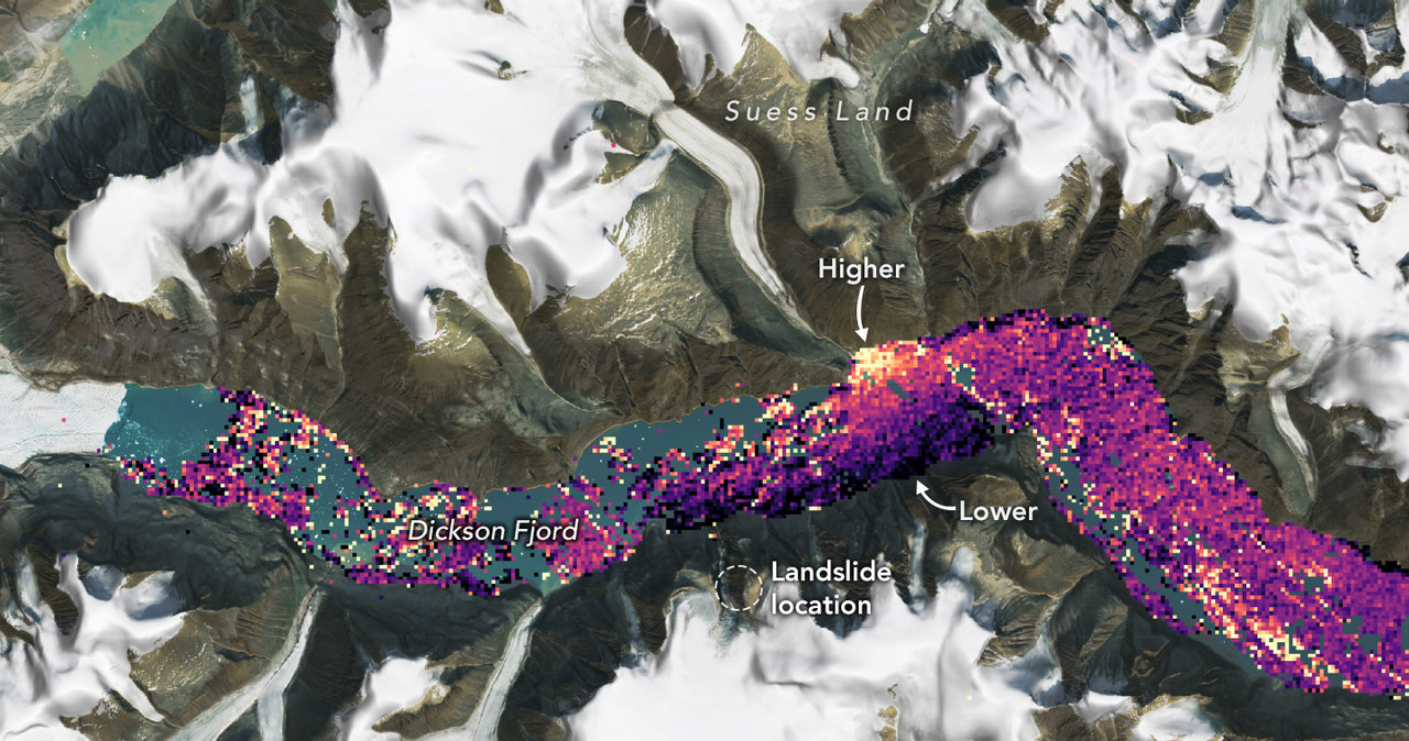 Mapa tsunami w fiordzie w 2023 r. /NASA Earth Observatory /NASA