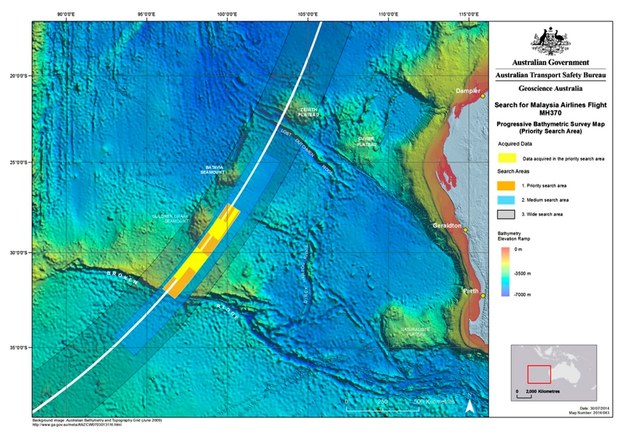 Mapa ukazująca dotychczasowy obszar poszukiwań zaginionego samolotu lotu MH 370, Australian Joint Agency Coordination Centre (JACC) / AUSTRALIAN JACC   (PAP/EPA) /PAP/EPA