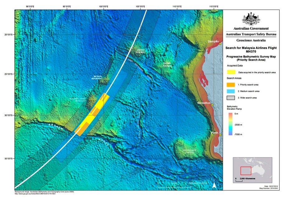 Mapa ukazująca dotychczasowy obszar poszukiwań zaginionego samolotu lotu MH 370, Australian Joint Agency Coordination Centre (JACC) / AUSTRALIAN JACC   (PAP/EPA) /PAP/EPA