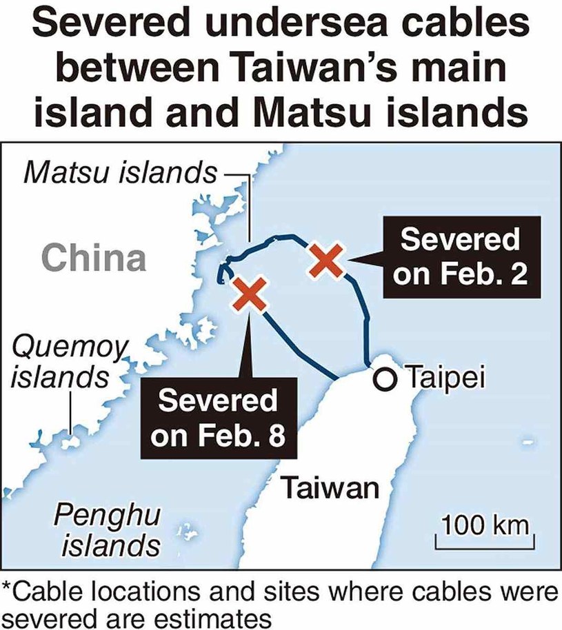 Mapa uszkodzonych podmorskich kabli /@The_Japan_News /Twitter