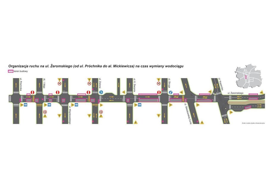 Mapa utrudnień ŁSI dla ulicy Żeromskiego