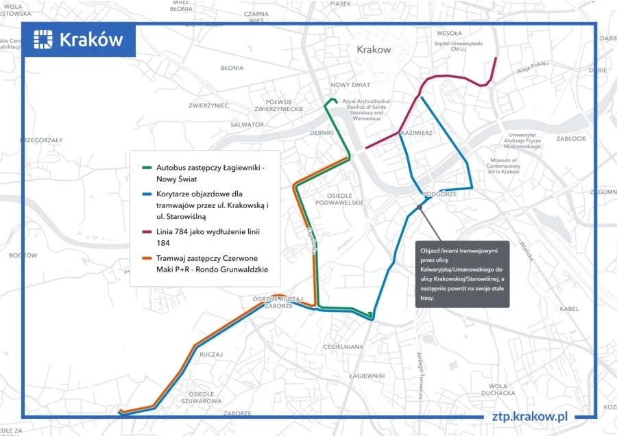 Mapa utrudnień podczas remontu mostu Grunwaldzkiego w Krakowie /krakow.pl /