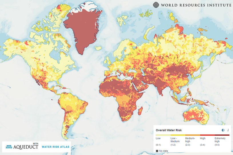Mapa Water Risk Atlas pokazuje, w których rejonach sytuacja hydrologiczna jest najgorsza; źródło: World Resources Institute /