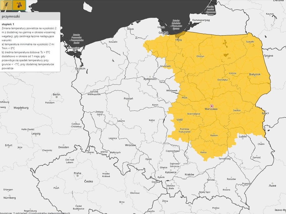 Mapa z przedstawieniem obszarów zagrożonych przymrozkami /Instytut Meteorologii i Gospodarki Wodnej /