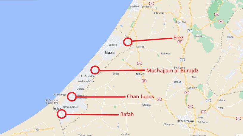 Mapa z zaznaczonymi punktami, w których miejscach wojska Izraela mogą rozpocząć atak na Strefę Gazy /screen/Google Maps/Marcin jabłoński /materiał zewnętrzny