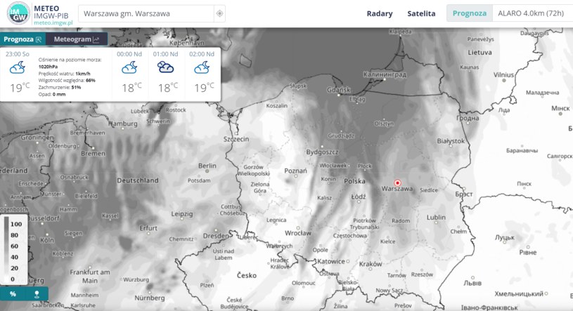 Mapa zachmurzenia nad terytorium Polski o godzinie 23, 12 sierpnia 2023. Teoretycznie to najlepszy moment na tegoroczne obserwacje Perseidów. /IMGW-PIB / imgw.pl /materiał zewnętrzny