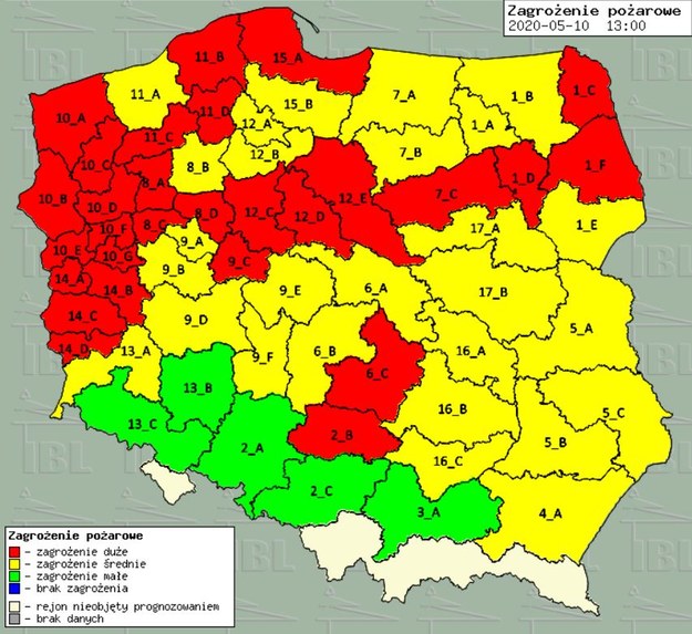 Mapa zagrożenia pożarowego opublikowana przez Instytut Badawczy Leśnictwa /bazapozarow.ibles.pl/zagrozenie/ /