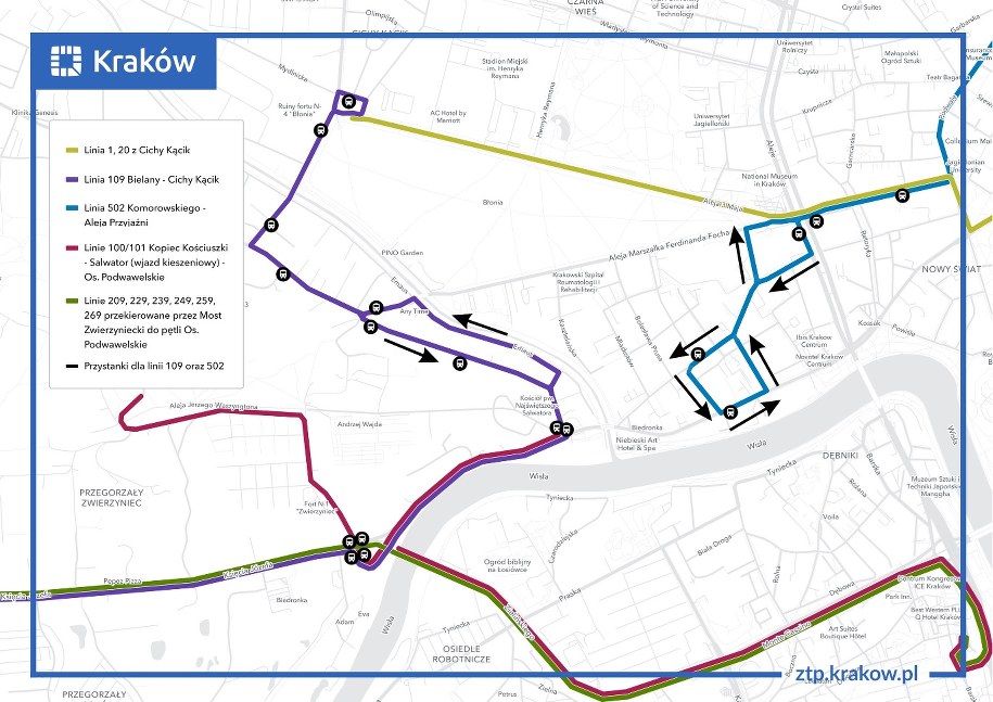Mapa zmian w kursowaniu autobusów i tramwajów /krakow.pl /