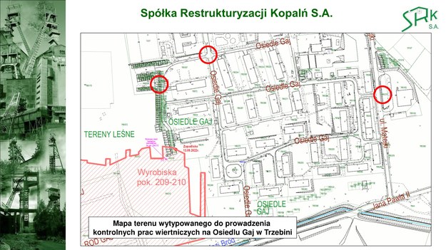 Mapka osiedla Gaj w Trzebini z miejscami, w których zostaną wykonane kontrolne odwierty - fragm. prezentacji SRK /SRK /Materiały prasowe