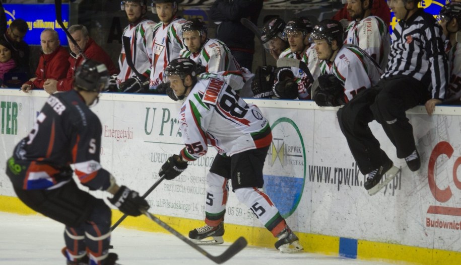 Marcin Kolusz z GKS-u Tychy i Martin Richter (po lewej) z Ciarko PBS Bank KH Sanok podczas pierwszego meczu finałowego /Andrzej Grygiel /PAP