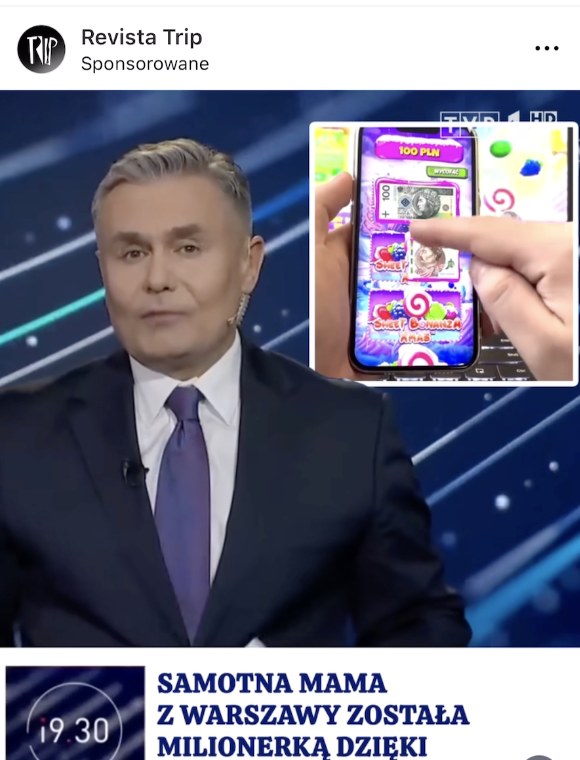 Marek Czyż z i9:30 z TVP wykorzystany do promowania aplikacji hazardowej /Zrzut ekranu /materiał zewnętrzny