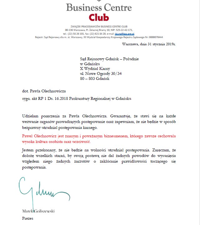 Marek Goliszewski udzielił poręczenia za Pawła Olechnowicza /BCC /