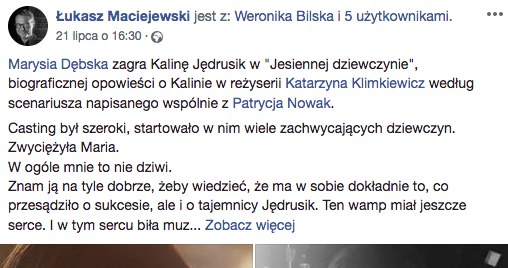 Maria Dębska, czyli Weronika Nowacka z "W rytmie serca", stoi przed wielką szansą zagrania roli swojego życia. Zdjęcie Marii Dębskiej zamieszczone w poście jest autorstwa Renaty Czarnkowskiej i RE Studio. /Facebook /materiały promocyjne