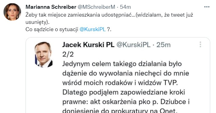 Mariann Schreiber udostępnia skasowany wpis Jacka Kurskiego /Twitter