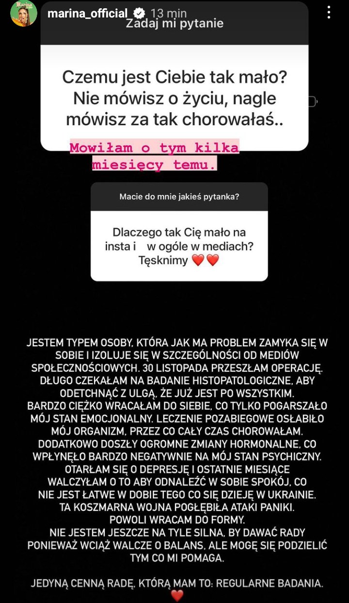 Marina Łuczenko odpowiadła na pytania fanów /@marina_official /Instagram