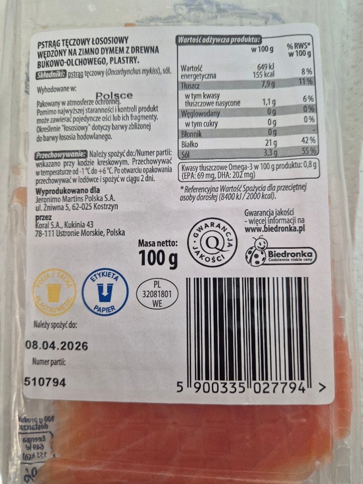 Marinero: pstrąg łososiowy plastry: spód opakowania /GIS /