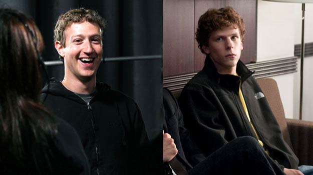 Mark Zuckerberg (L) i jego ekranowe wcielenie (Jesse Eisenberg) /Getty Images/Flash Press Media