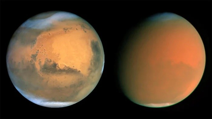 Mars na krótko przed pyłową burzą w czerwcu (z lewej) i wrześniu 2001 roku, gdy burza utrzymywała się już ponad dwa miesiące /NASA, James Bell (Cornell Univ.), Michael Wolff (Space Science Inst.), Hubble (STScI/AURA) /NASA