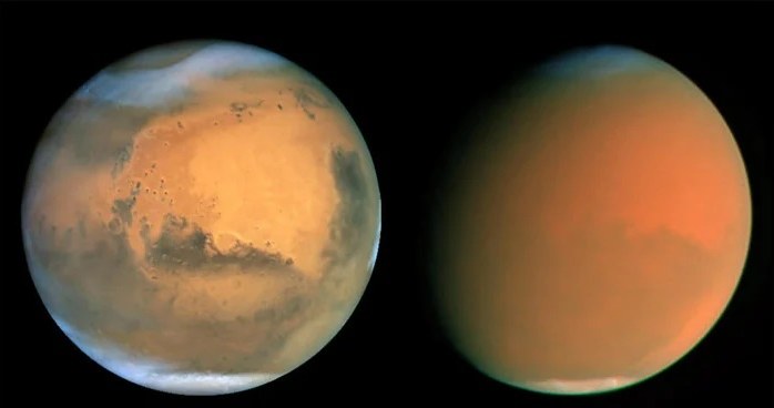 Mars na krótko przed pyłową burzą w czerwcu (z lewej) i wrześniu 2001 roku, gdy burza utrzymywała się już ponad dwa miesiące /NASA, James Bell (Cornell Univ.), Michael Wolff (Space Science Inst.), Hubble (STScI/AURA) /NASA