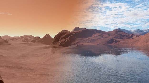 Mars obecnie (po lewej) i 3,5 miliarda lat temu (po prawej) /Jon Wade /Materiały prasowe