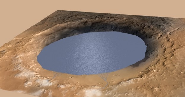 Marsjańskie jezioro.   Fot. NASA/JPL-Caltech/ESA/DLR/FU Berlin/MSSS /NASA