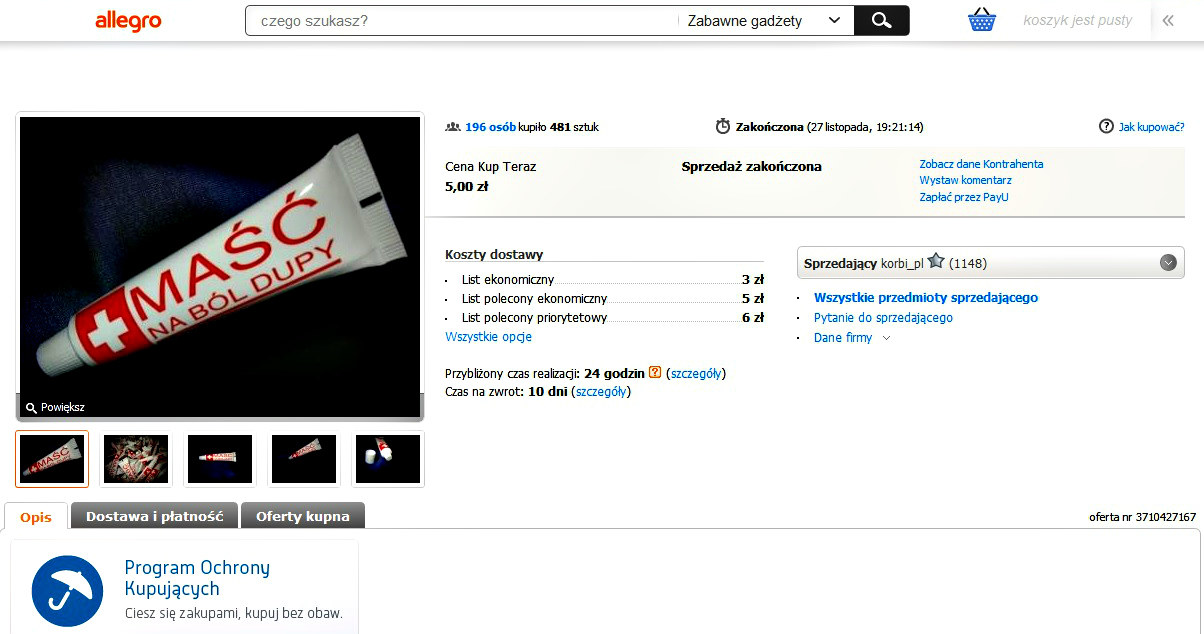 Maść na ból dupy można zakupić na popularnym serwisie aukcyjnym /allegro.pl /materiały prasowe