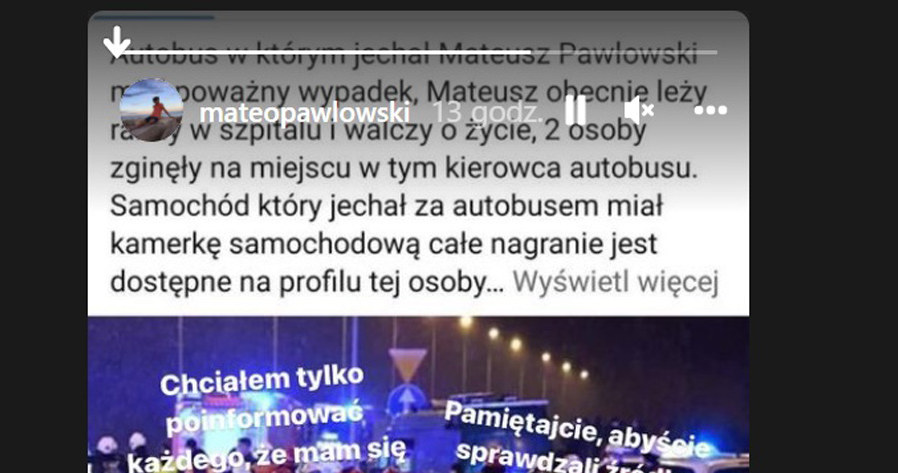 Mateusz Pawłowski ostrzega fanów na Instagramie /Instagram