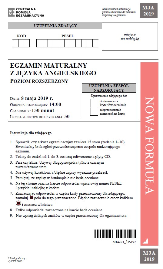 Matura 2019: Język angielski - poziom rozszerzony /CKE