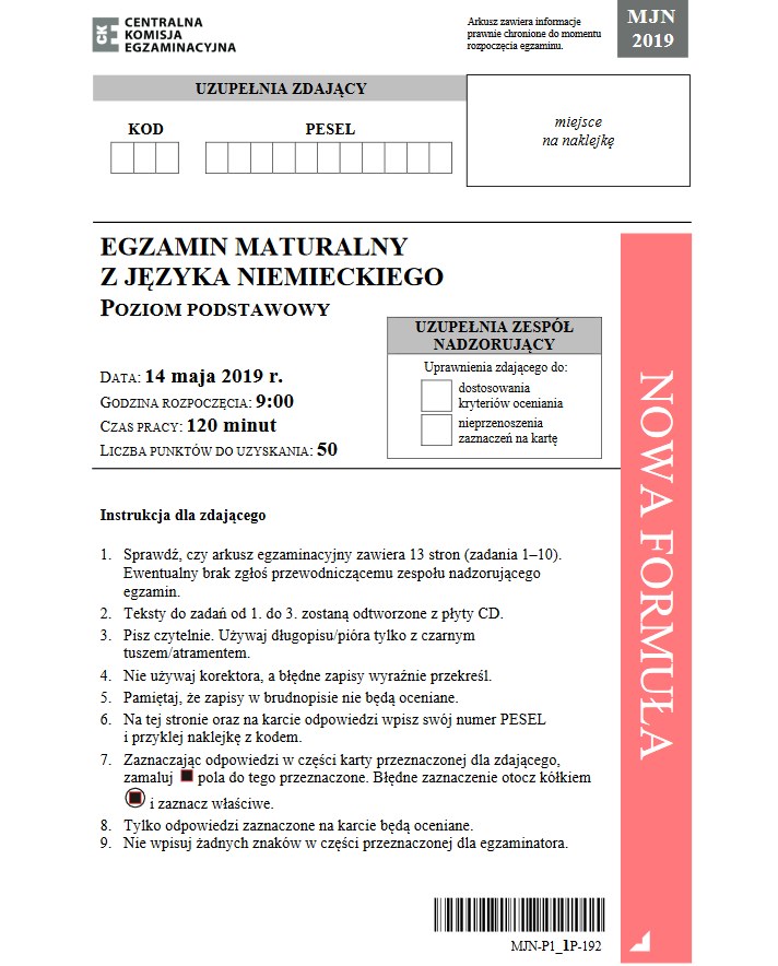Matura 2019: Język niemiecki /CKE