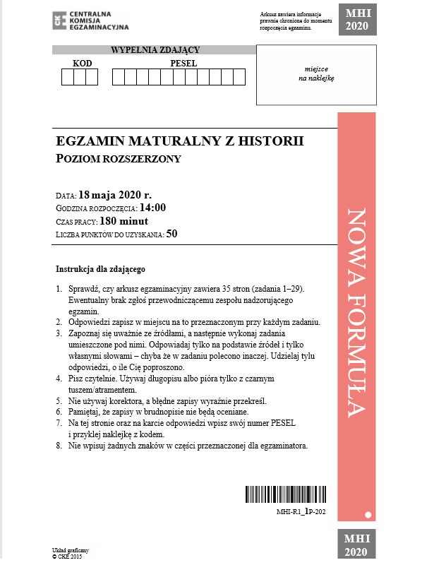MATURA 2020: Historia poziom rozszerzony. Arkusz CKE /CKE