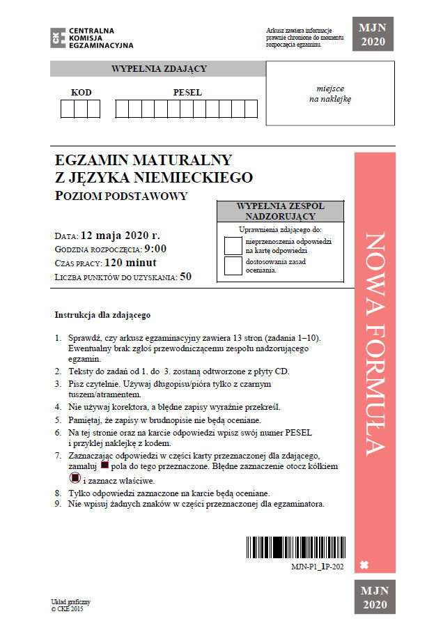 Matura 2020: Język niemiecki (poziom podstawowy) – arkusz CKE