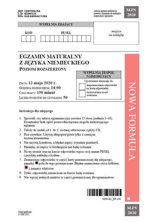 Matura 2020: Język niemiecki (poziom rozszerzony) – arkusz CKE /CKE
