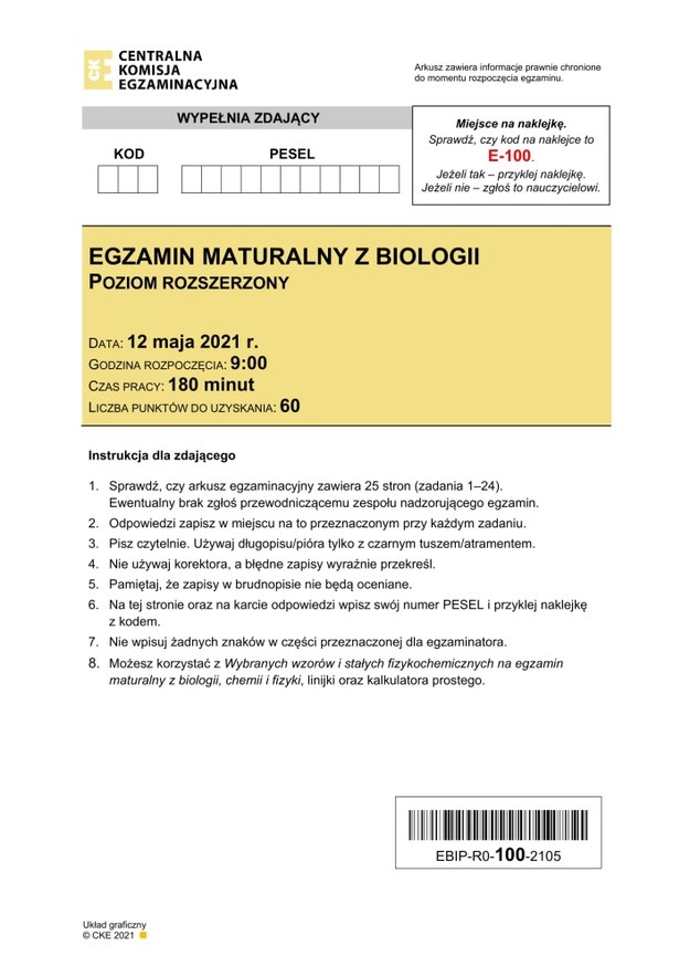 Matura 2021: Biologia, poziom rozszerzony - arkusz zadań /CKE /