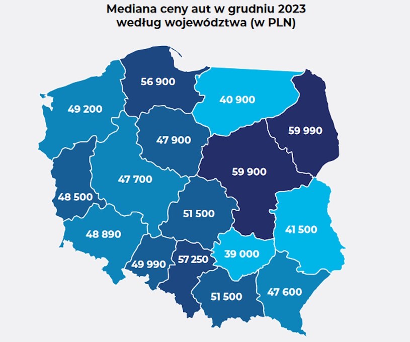 Mediana ceny samochodu w Polsce (wg Otomoto) w grudniu 2023 roku /