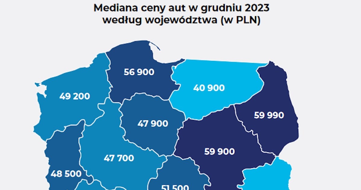 Mediana ceny samochodu w Polsce (wg Otomoto) w grudniu 2023 roku /