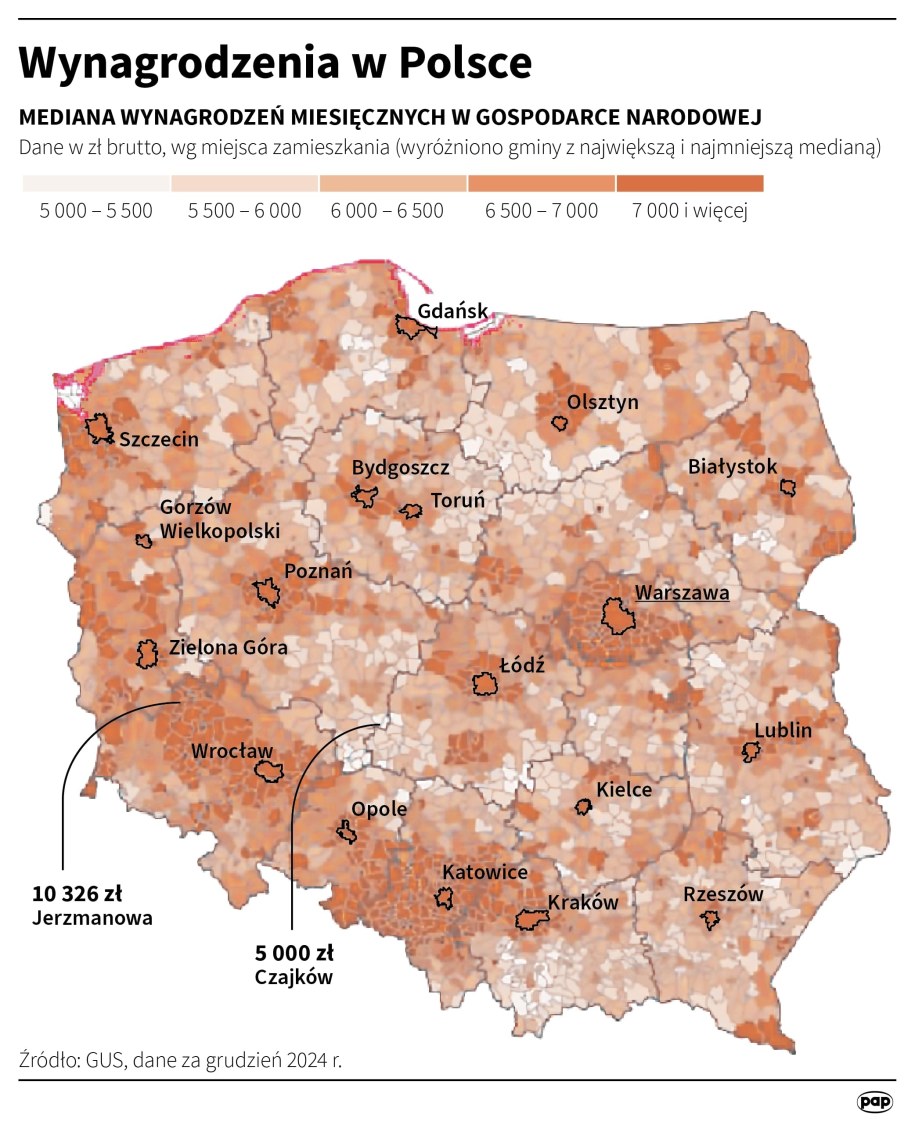 Mediana wynagrodzeń w gospodarce narodowej w grudniu 2024 r. wyniosła 7266,80 zł i była niższa o 20,2 proc. od przeciętnego wynagrodzenia brutto - podał w środę Główny Urząd Statystyczny. /Mateusz Krymski /PAP