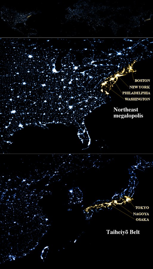 Megalopolis w Stanach Zjednoczonych (powyżej) i Japonii (ponizej). /NASA /domena publiczna