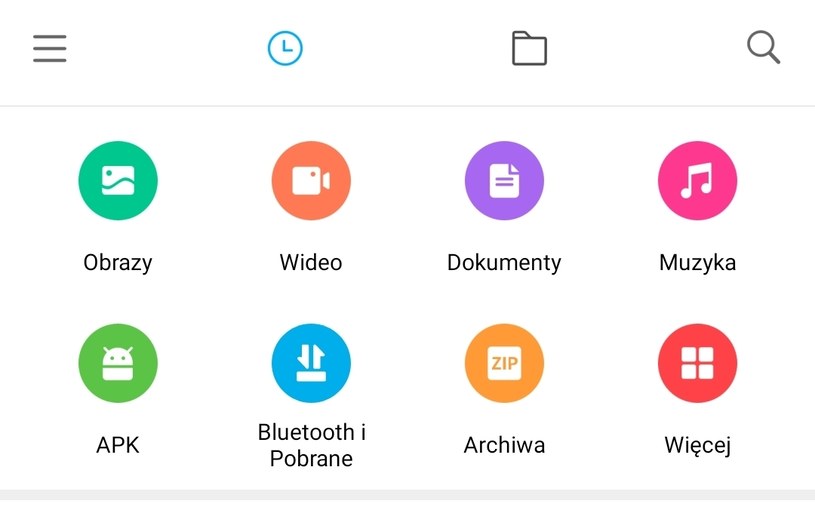 Menu i zakładki widoczne po otwarciu Menedżera plików. Niebieska ikona (druga od lewej w drugim rzędzie od góry) to miejsce, w którym znajdziemy wszystkie pobrane pliki niezależnie od ich rozszerzenia. /zrzut ekranu/Xiaomi/ /materiał zewnętrzny